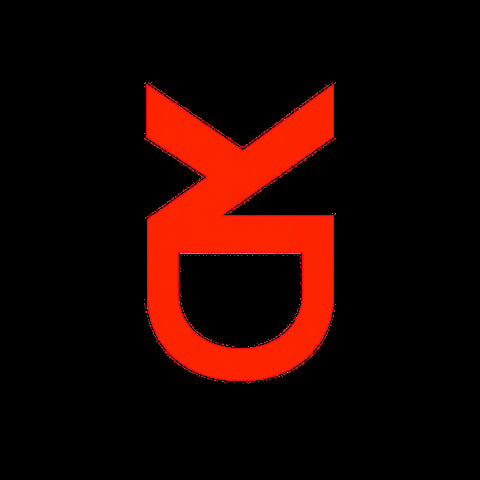 Red geometric logo combining an X symbol with a U shape on black background
