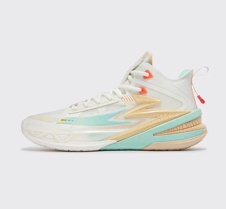 Modern athletic sneaker with cream, mint green, and coral accents on light gray background