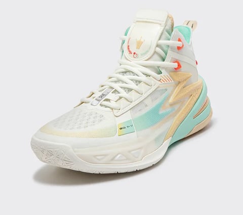 White and turquoise high-top basketball shoe with tan accents, displayed against a white background
