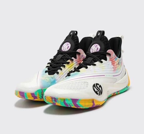Pair of 361° Zen 6.0 God of Guitar sneakers - White and colorful basketball shoes with black laces and rainbow-striped soles