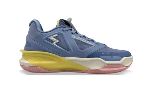 Blue and yellow athletic shoe with lightning bolt design on white background
