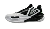 White and black athletic basketball shoe with geometric design and green accent detail on the side