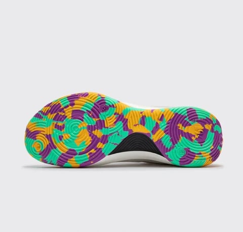 Colorful shoe sole of 361° Zen 6.0 God of Guitar with vibrant neon circles in purple, cyan, and yellow pattern