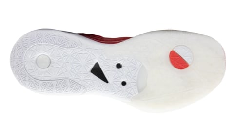 Bottom view of 361° BIG3 5.0 Switch PRO PE sneaker sole showing geometric pattern, black triangle accent, and red circular design element