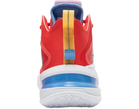 Rear view of 361° BIG3 5.0 Switch PRO PE red, white and blue high-top sneaker with yellow tongue detail