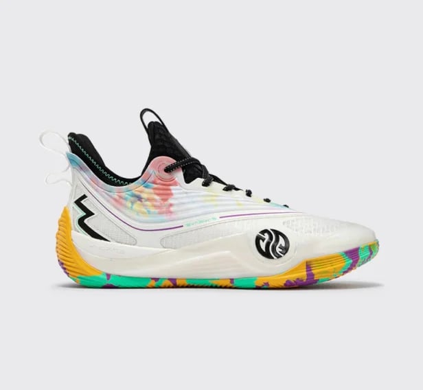 361° Zen 6.0 God of Guitar - Colorful athletic sneaker with white leather upper, rainbow gradient detailing, black accents, and multicolor rainbow sole
